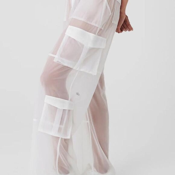 ALO Yoga Womens White Sheer Effusion Cargo Wide Leg Trouser - Picture 4 of 14